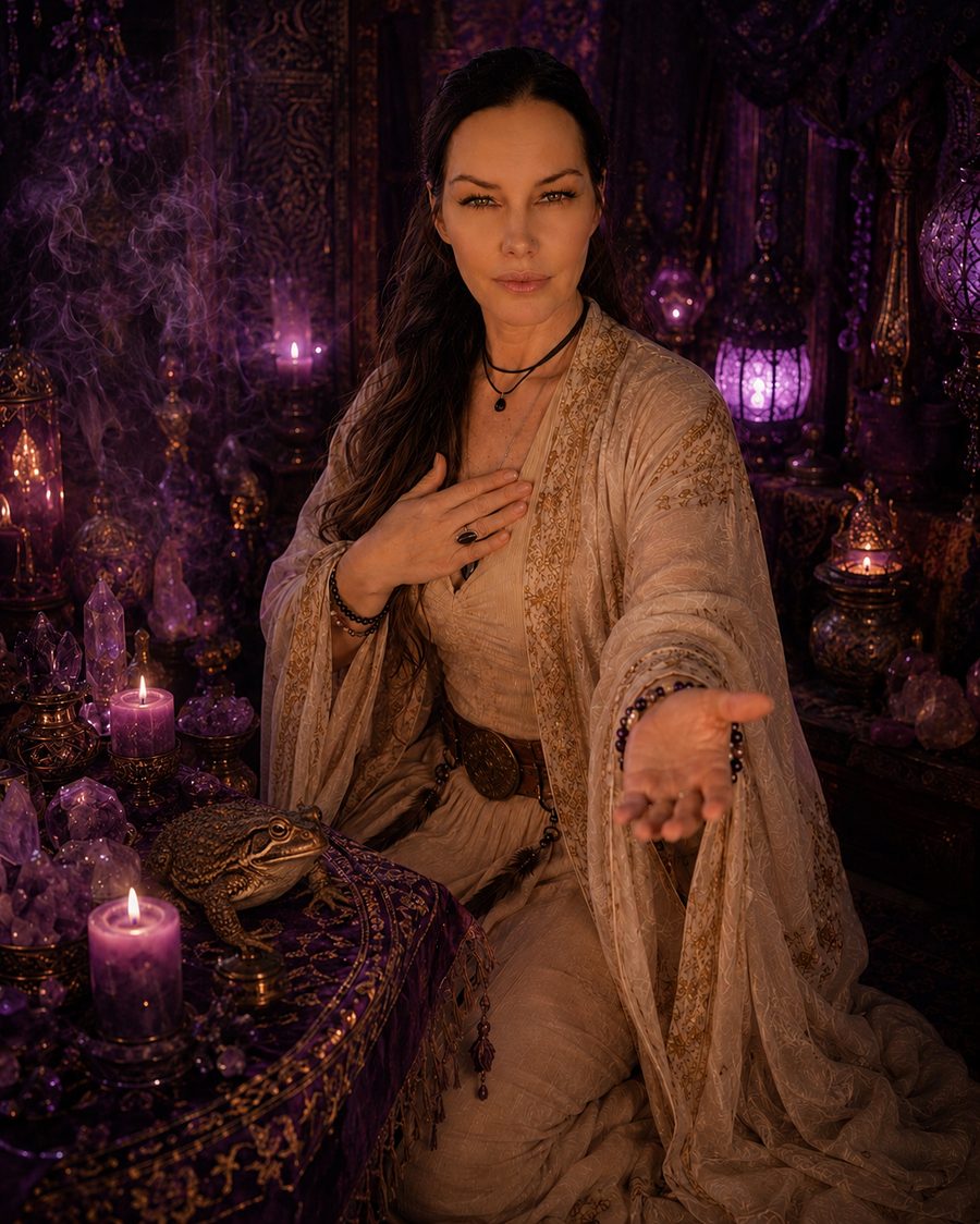 The founding priestess of the Temple of the Lotus, seated with the Bufo toad amid amethyst crystals and candlelight
