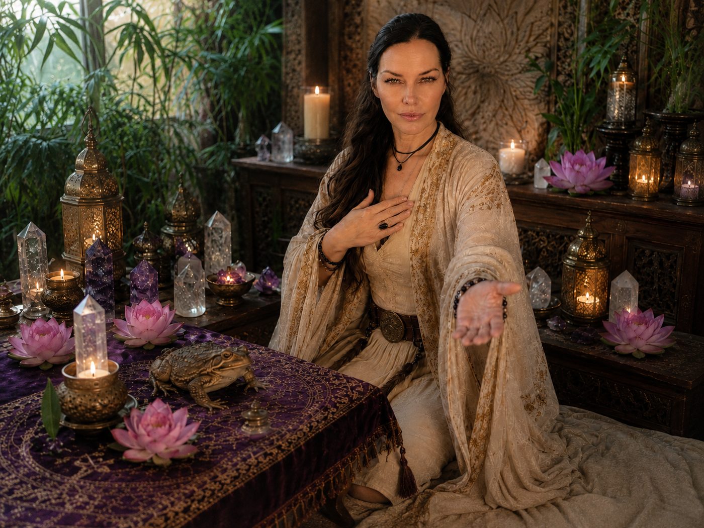 Colleen Mariposa, founder of The Temple Lotus, in a candlelit temple space with crystals and lotus flowers