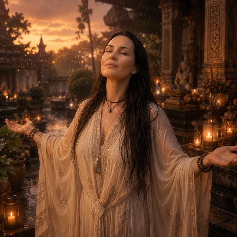 A woman with arms open and eyes closed in the rain at sunset